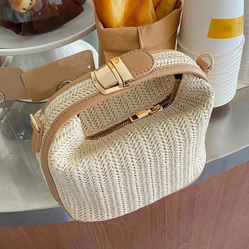 “Summer Small Straw Handbag Trendy Woven Bucket Crossbody Shoulder Bag Casual.”