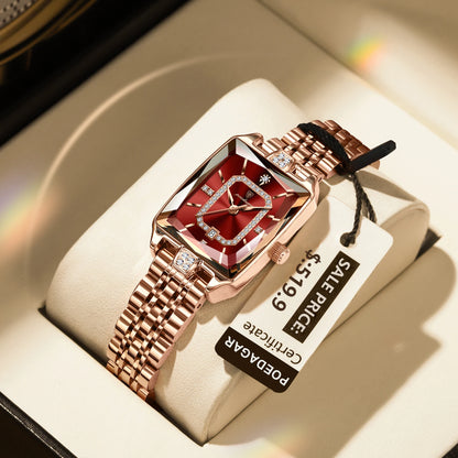“Elegant waterproof women’s wristwatch, stainless steel, quartz, date display, stylish rectangle design.”