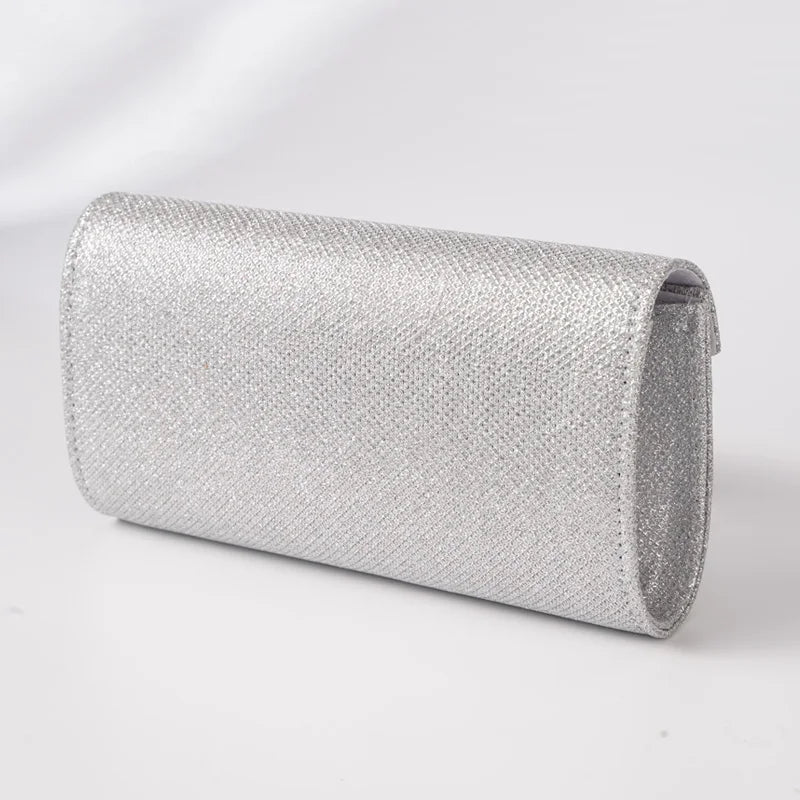 “Glitter Evening Bag for Women, Shiny Silver Party Clutch with Chain Strap.”