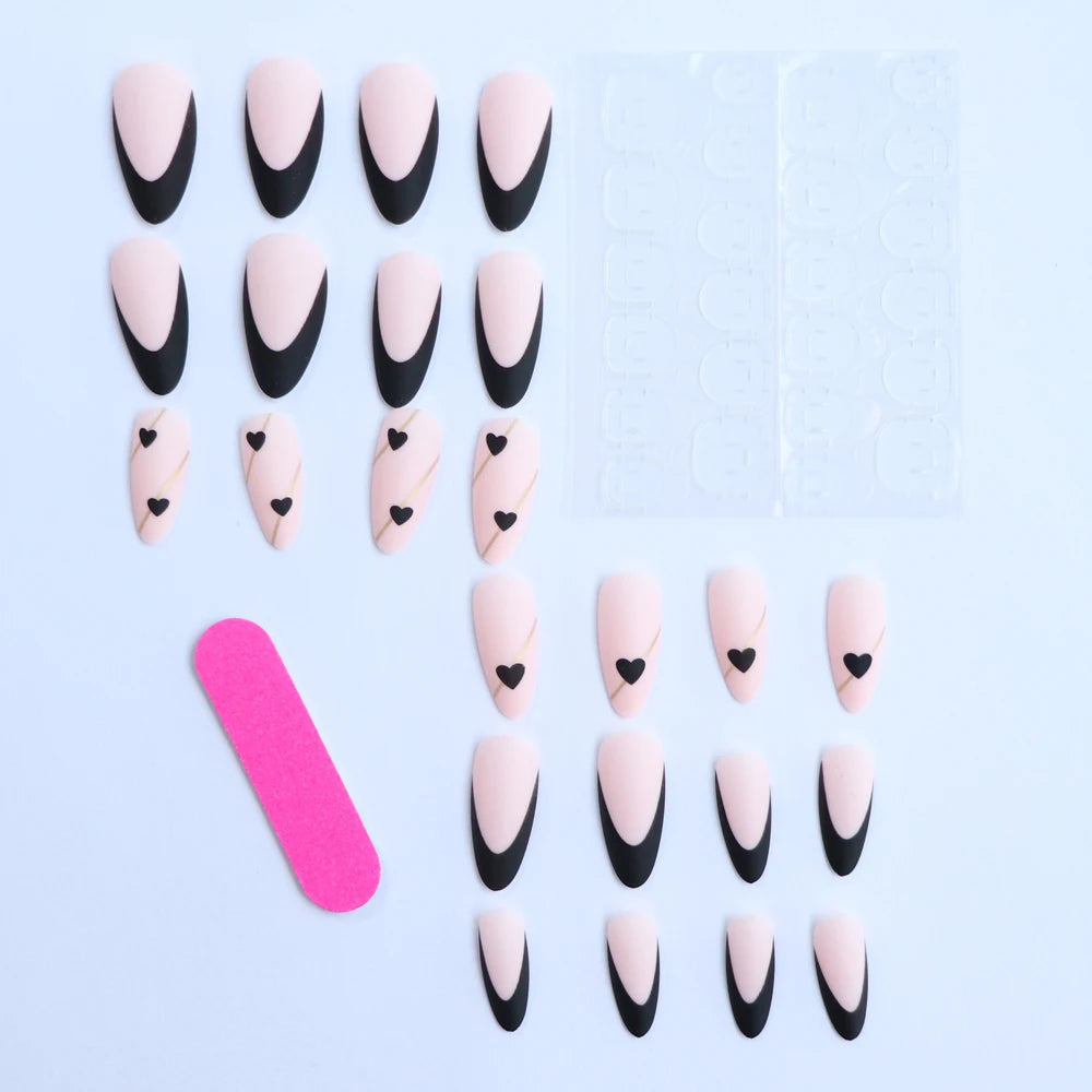 “24PCS Medium Stiletto Pink Press-On Nails – Full Cover Fake Nail Set with Love Design”