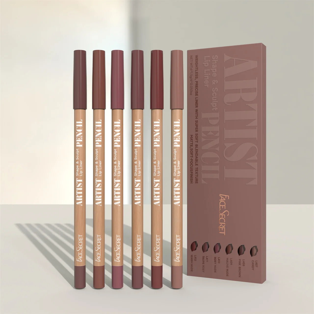 “Weightless lip liner set with precise, soft, blendable, matte texture for sculpting.”