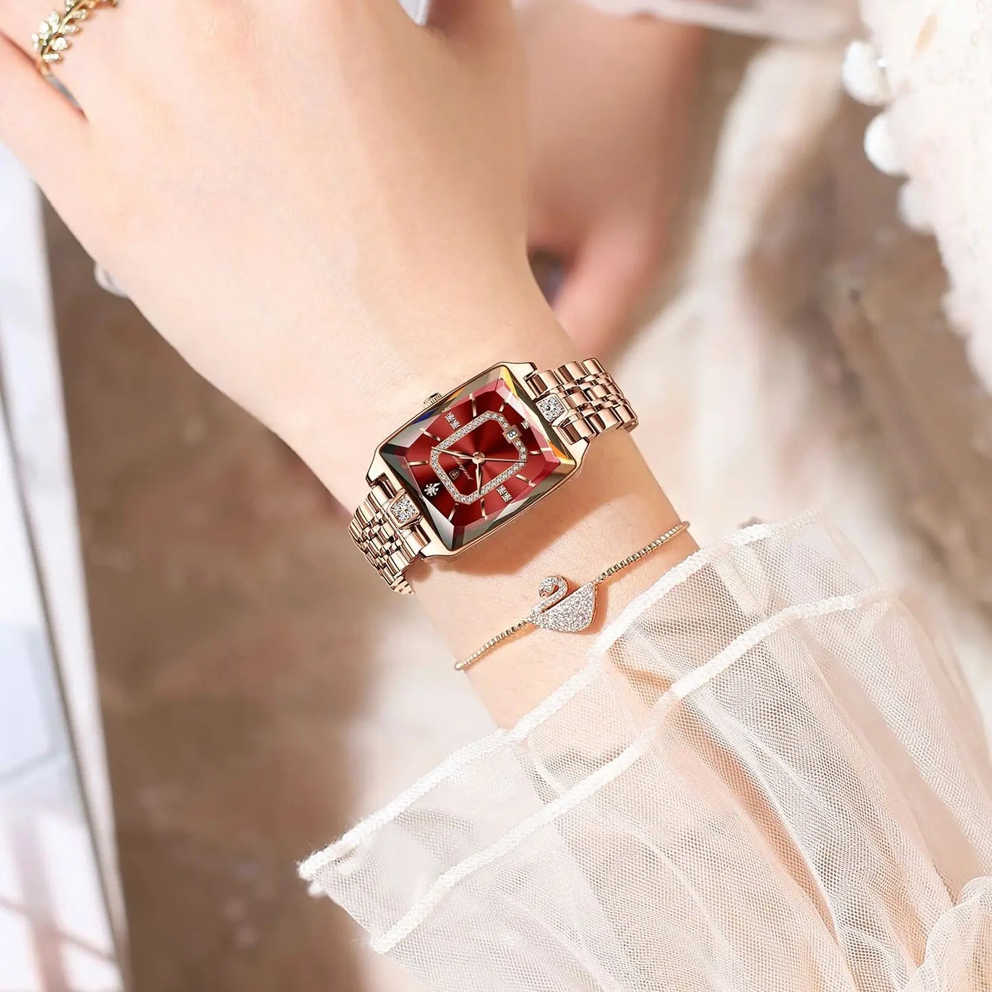 “Elegant waterproof women’s wristwatch, stainless steel, quartz, date display, stylish rectangle design.”