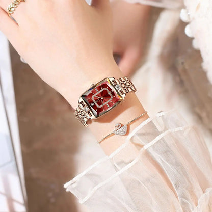 “Elegant waterproof women’s wristwatch, stainless steel, quartz, date display, stylish rectangle design.”
