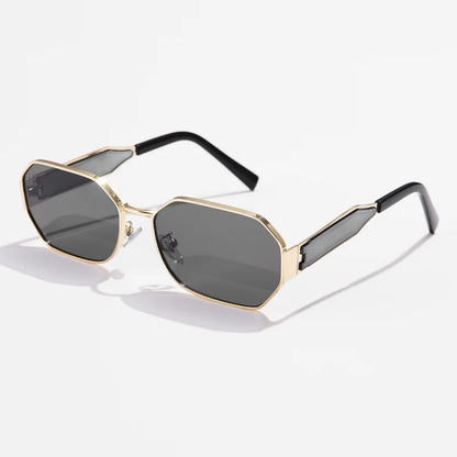 “Vintage rectangle sunglasses, retro metal frame, unisex designer black eyewear.”