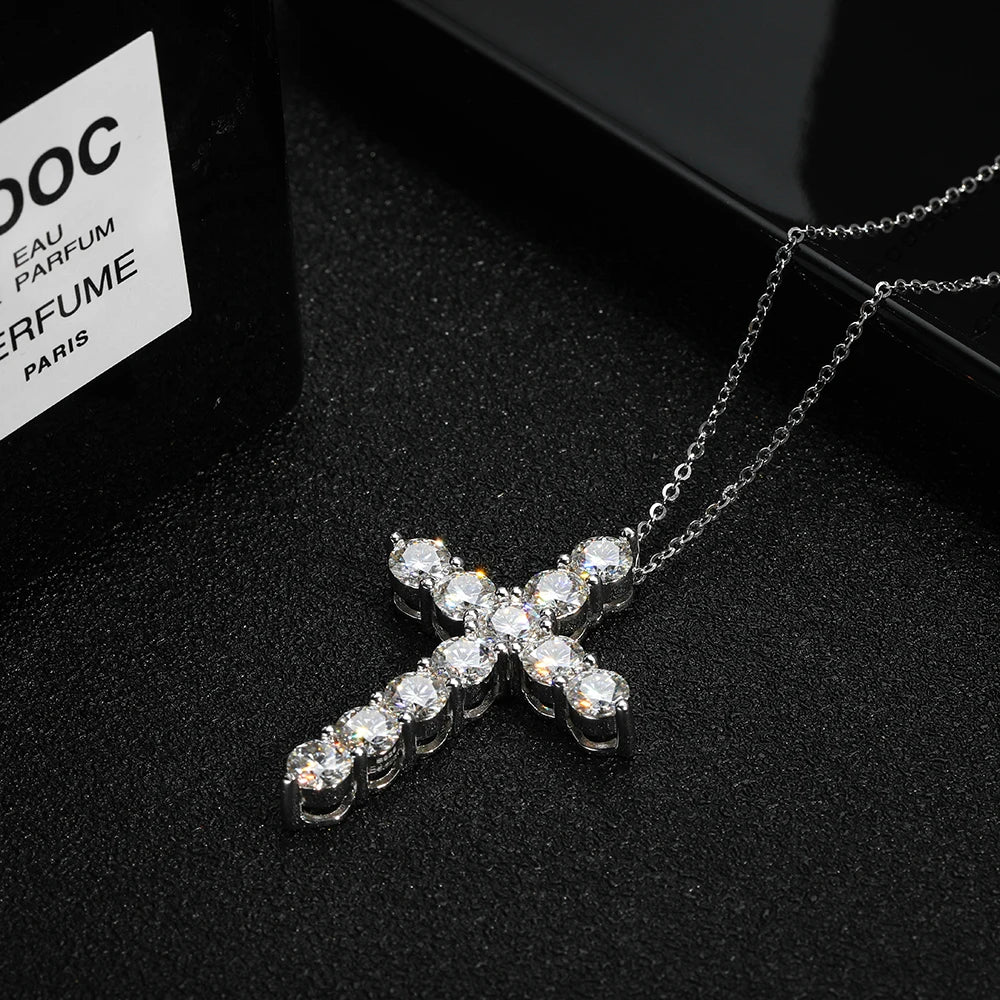 “Moissanite cross pendant necklace, 925 sterling silver, 18k white gold plated.”