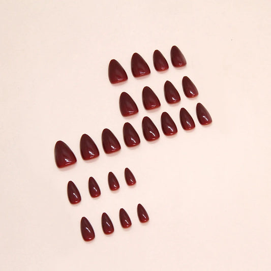 “24pcs mid-length almond-shaped wine red press-on nails.”
