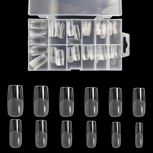 “120Pcs Clear Square Nail Tips, Full-Cover False Nails for Extensions.”