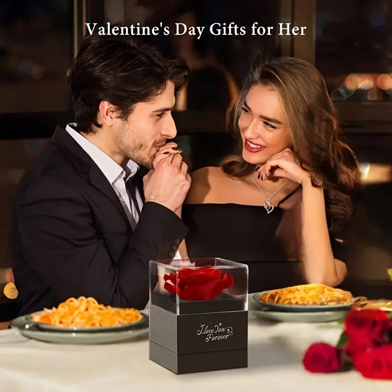 “Heart-Shaped Red Rose Necklace with Gift Box - Perfect for Valentine’s, Anniversary, and Mother’s Day.”