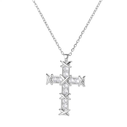 “Zircon Cross Pendant Necklace for Women - Gold Stainless Steel Jewelry.”