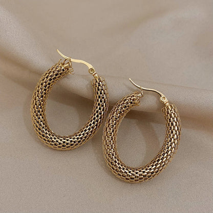 “Stainless steel gold geometric mesh hoop earrings, trendy stylish jewelry gift women.”