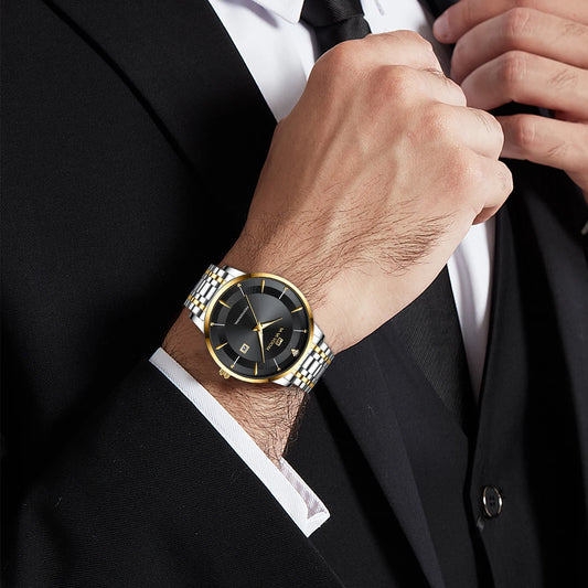 “Men’s Stainless Steel Luxury Watch, Blue-Gold Quartz, Business Style, 43mm.”