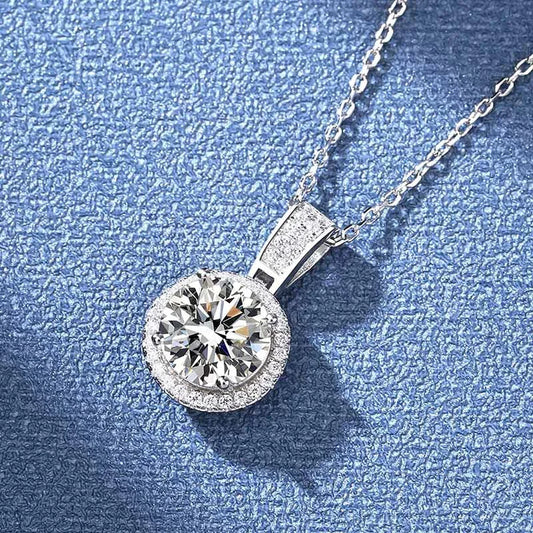 “2-carat moissanite necklace, sterling silver, white gold plated, elegant wedding jewelry.”