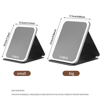 "3 Colors dimmable LED makeup mirror with touch screen, foldable, rechargeable, travel-friendly."