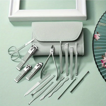 “16-piece professional manicure set with nail clippers, cuticle nippers, and travel case.”