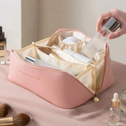 “Luxury makeup organizer bag, zippered, portable travel case for toiletries and cosmetics.”