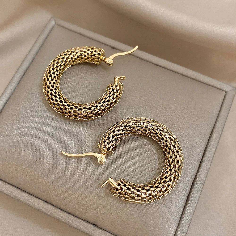 “Stainless steel gold geometric mesh hoop earrings, trendy stylish jewelry gift women.”