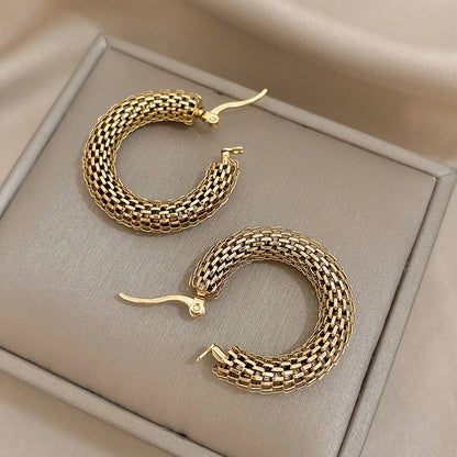 “Stainless steel gold geometric mesh hoop earrings, trendy stylish jewelry gift women.”