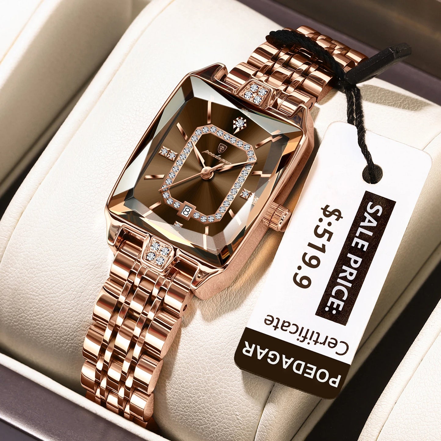 “Elegant waterproof women’s wristwatch, stainless steel, quartz, date display, stylish rectangle design.”