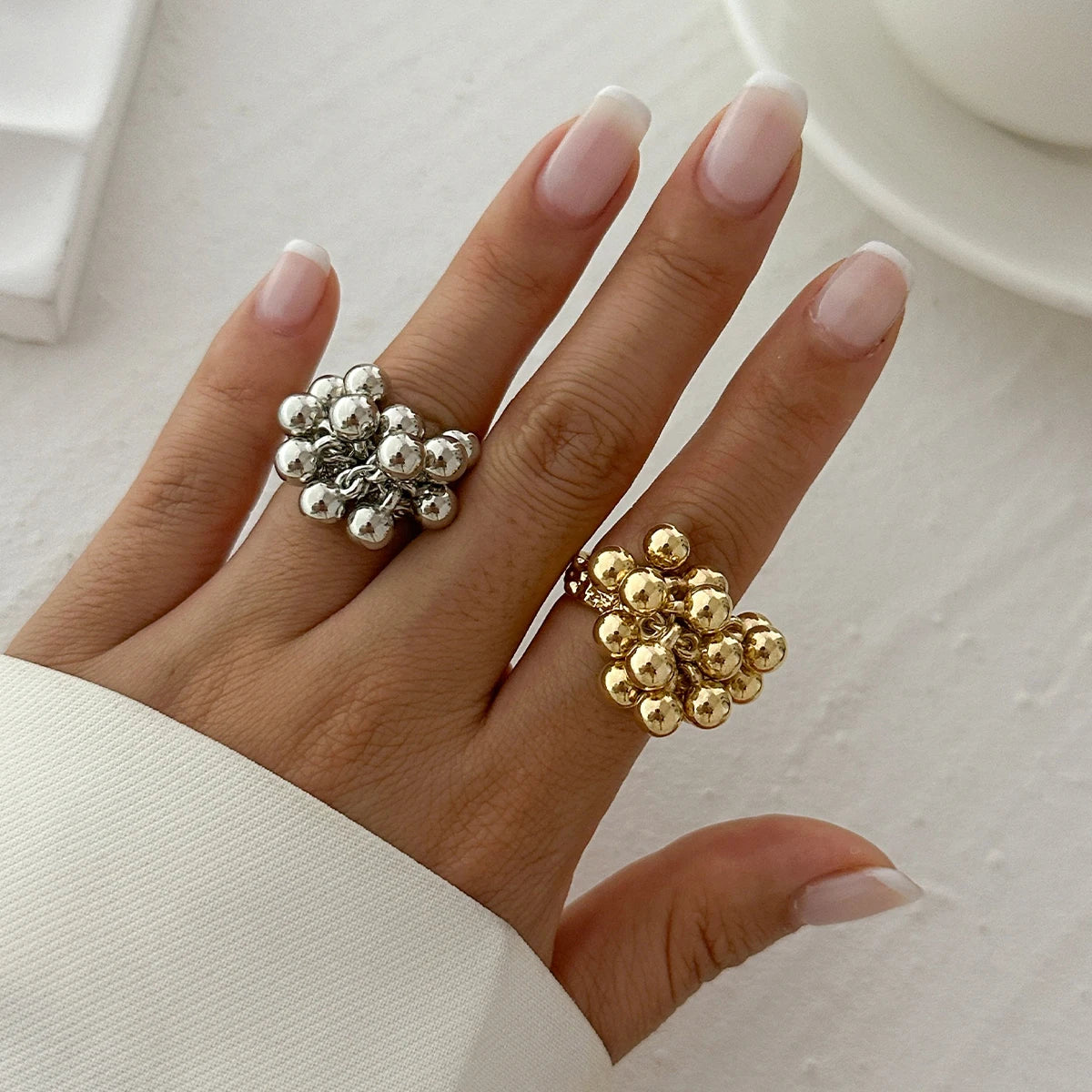 “IngeSight.Z creative CCB small ball ring for women and men, irregular metal open ring, trendy punk couple jewelry.”