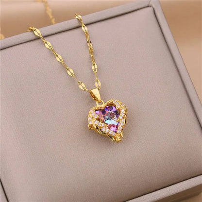 “Top Luxury Colorful Crystal Ocean Heart Pendant Necklace - 316L Stainless Steel Jewelry.”