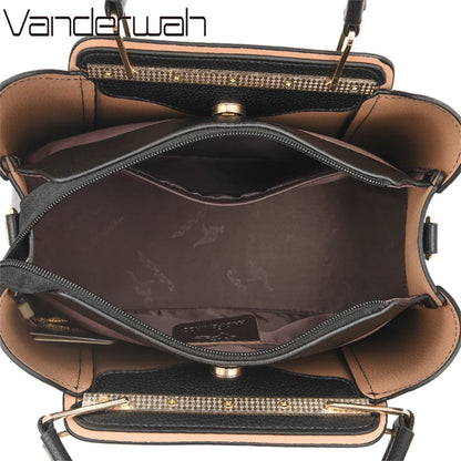 “Luxury women’s designer leather handbag, 3 layers, large capacity, shoulder crossbody tote.”