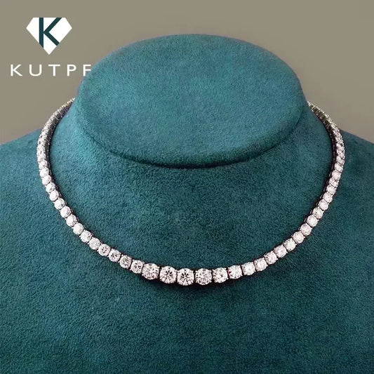 “Moissanite tennis necklace, 3-5mm gradient stones, 925 silver, certified luxury design.”