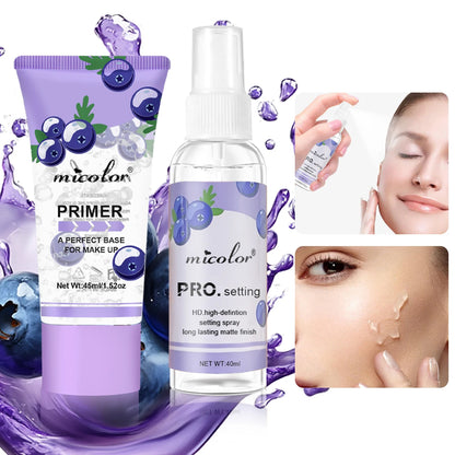 “Complete Makeup Set: Primer & Setting Spray, Invisible Pores, Long-lasting, Flawless Finish.”