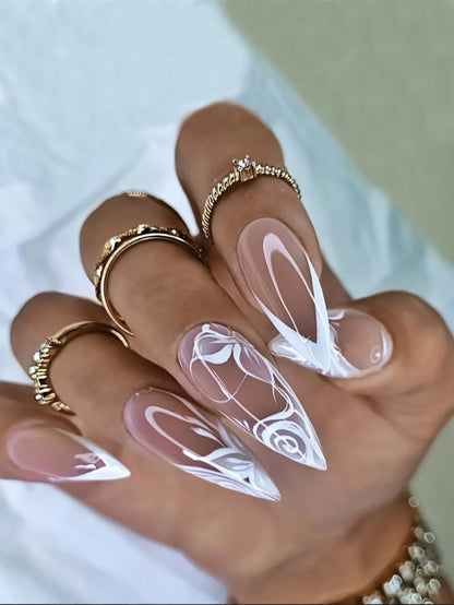 “24PCS Medium Stiletto Pink Press-On Nails – Full Cover Fake Nail Set with Love Design”