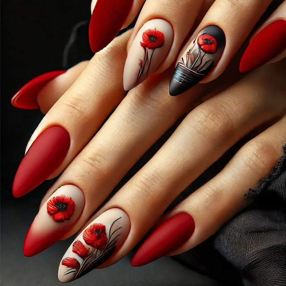 “24Pcs Matte Almond Press-On Nails – Autumn Winter Rose Leaf Design, Full Cover with Glue”