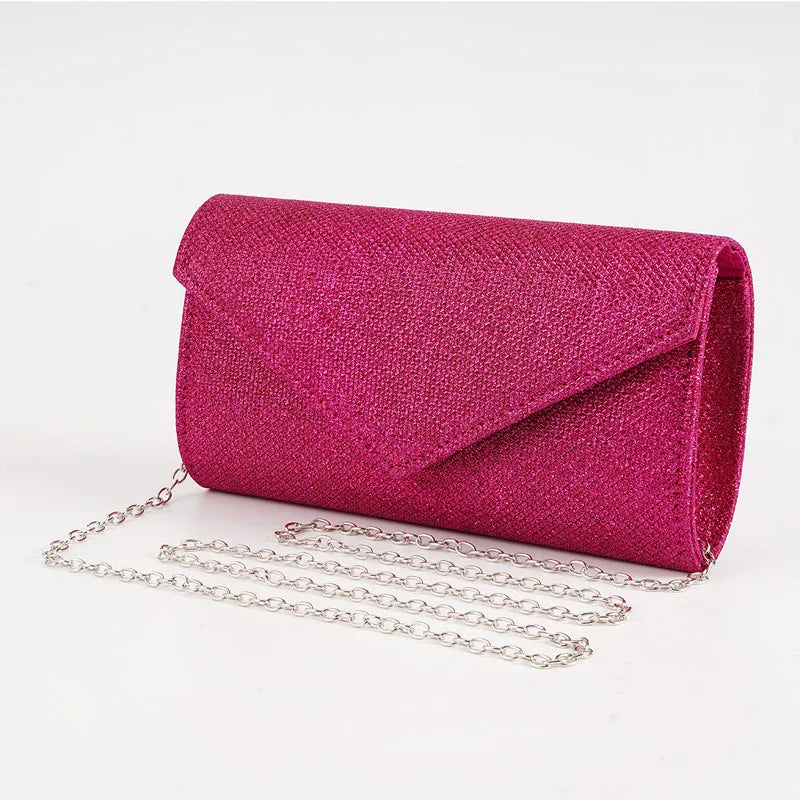 “Glitter Evening Bag for Women, Shiny Silver Party Clutch with Chain Strap.”
