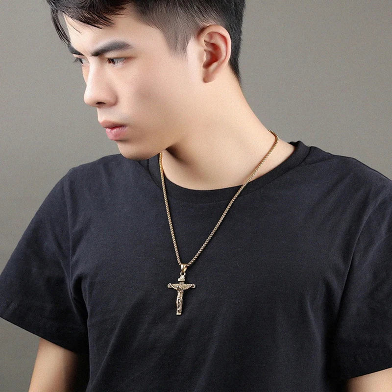 “Religious Stainless Steel Cross Necklace for Men - Gold/Silver.”