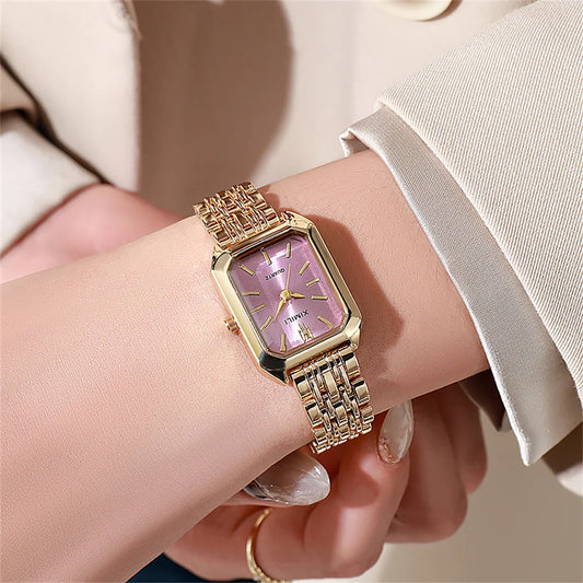 “Luxury Ladies’ Fashion Quartz Watch - Gold-Plated Square Design, Stainless Steel Strap.”
