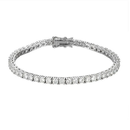 “Moissanite Tennis Bracelet, Sterling Silver, White Gold Plated, Sparkling Party Jewelry.”