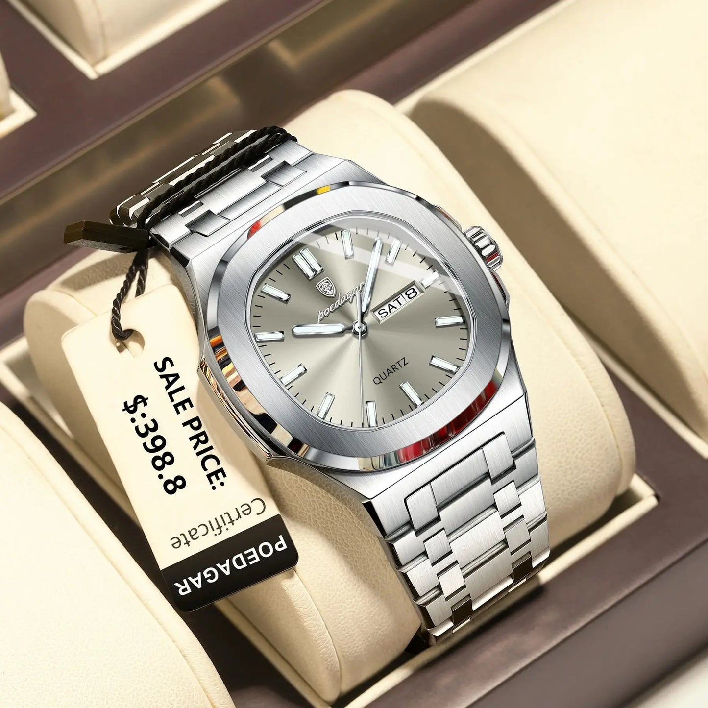 “Luxury military square men’s watch, waterproof, luminous date/week, stainless steel quartz.”