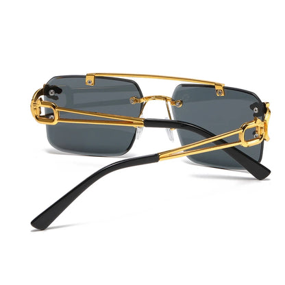 “Rimless square sunglasses with double bridge, vintage unisex fashion style.”