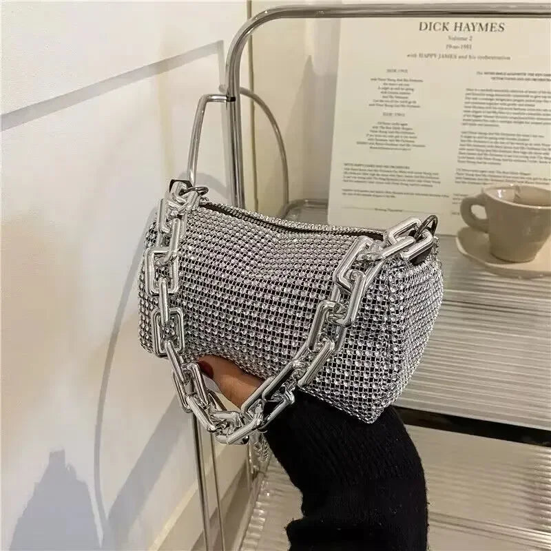 “Glitter rhinestone bucket bag with chain, mini crossbody purse for women.”
