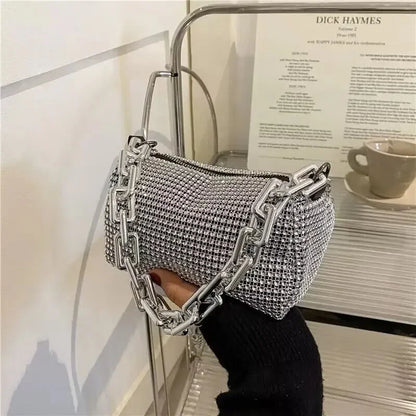 “Glitter rhinestone bucket bag with chain, mini crossbody purse for women.”