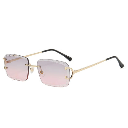 “Square rimless sunglasses, trendy metal frame, high-grade unisex street style.”