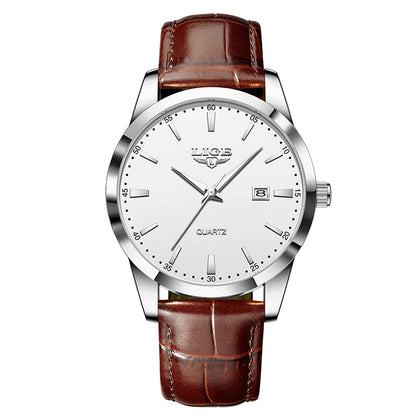 “Brown leather men’s military sports watch, waterproof, casual quartz chronograph.”