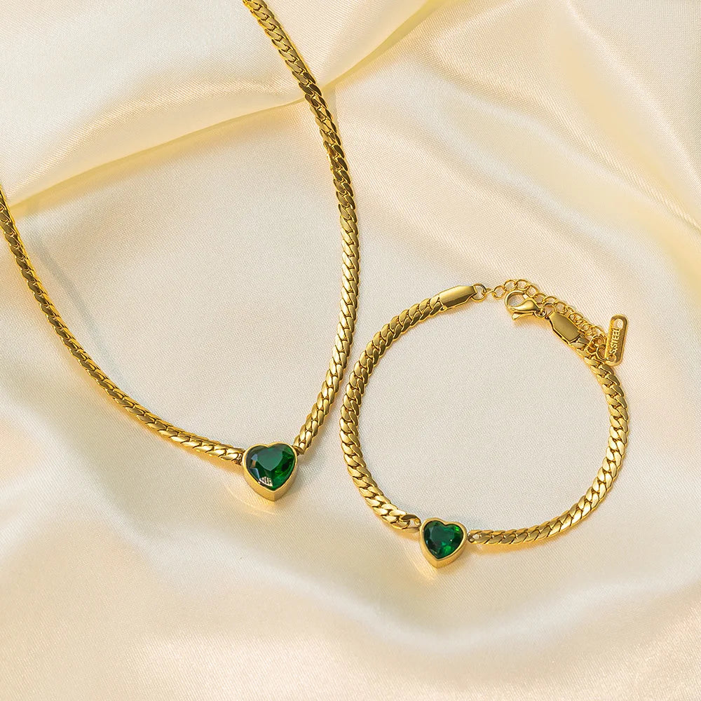 “Stainless Steel Heart-Shaped Green & White Crystal Pendant Necklace & Bracelet Set.”