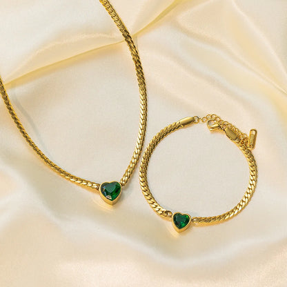 “Stainless Steel Heart-Shaped Green & White Crystal Pendant Necklace & Bracelet Set.”