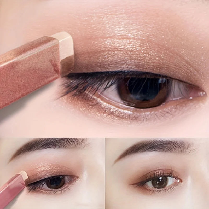 “2-in-1 waterproof highlighter and eyeshadow stick, long-lasting glitter eyeliner.”