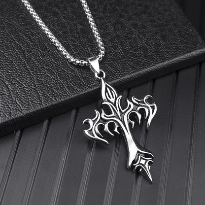 “Hip Hop Stainless Steel Flame Cross Pendant Necklace - Goth Jewelry for Men & Women.”