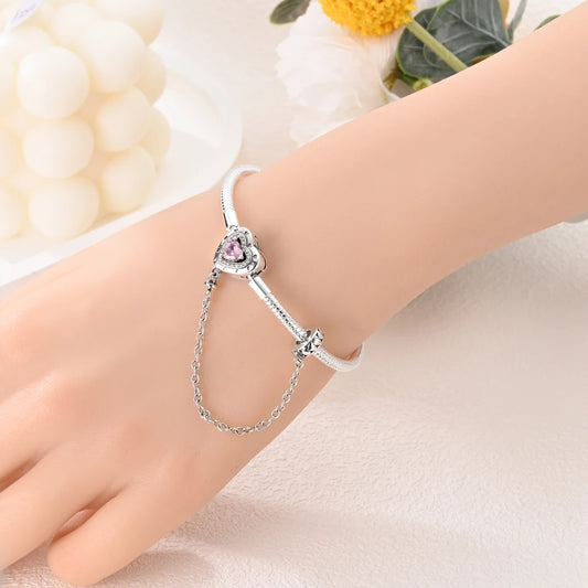 “Silver plated charm bracelet with safety chain, snake chain fits beads, perfect gift.”