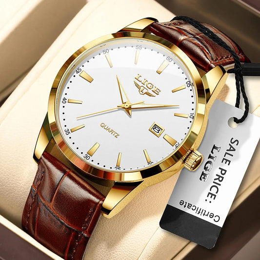 “Brown leather men’s military sports watch, waterproof, casual quartz chronograph.”