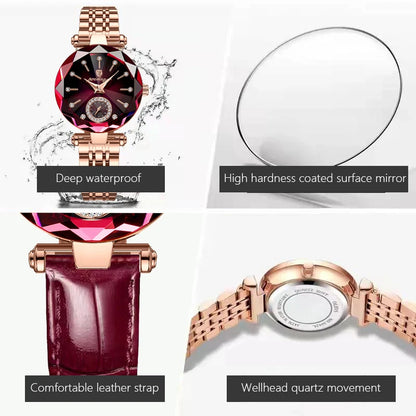 “Luxury Waterproof Leather Women’s Watch, Quartz Movement, Elegant Fashion Gift.”