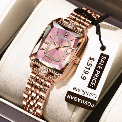“Elegant waterproof women’s wristwatch, stainless steel, quartz, date display, stylish rectangle design.”