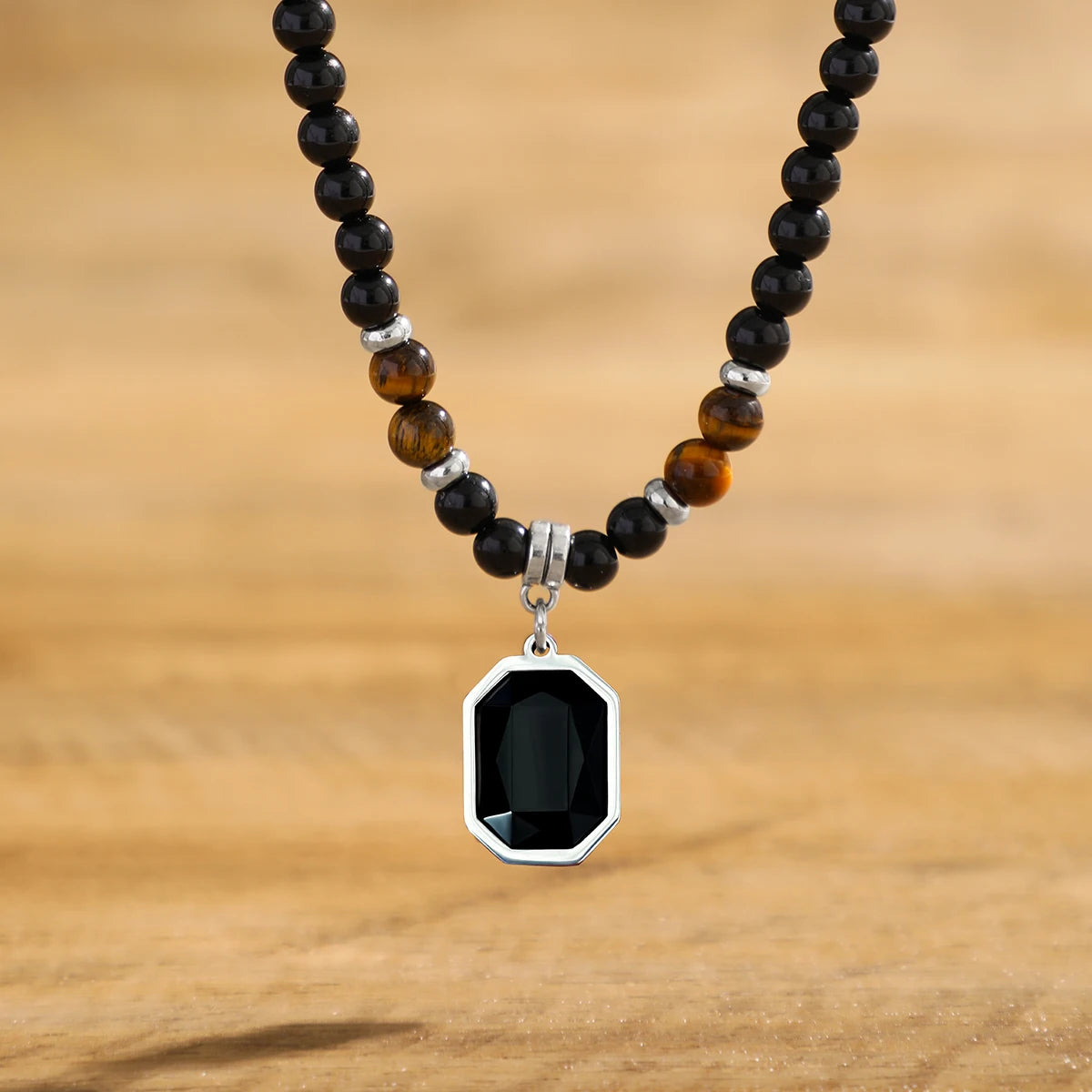 “Black Beads with Square Pendant Necklace for Men - Trendy Fashion Jewelry.”