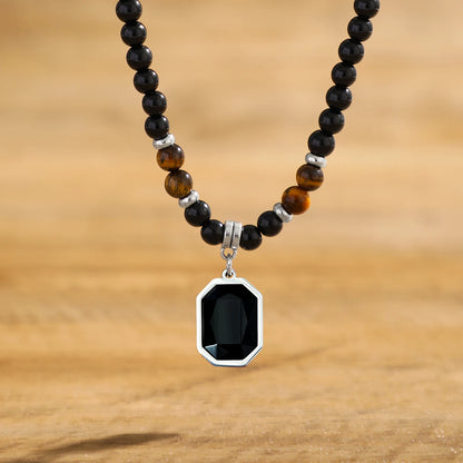 “Black Beads with Square Pendant Necklace for Men - Trendy Fashion Jewelry.”