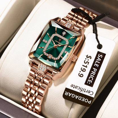 “Elegant waterproof women’s wristwatch, stainless steel, quartz, date display, stylish rectangle design.”